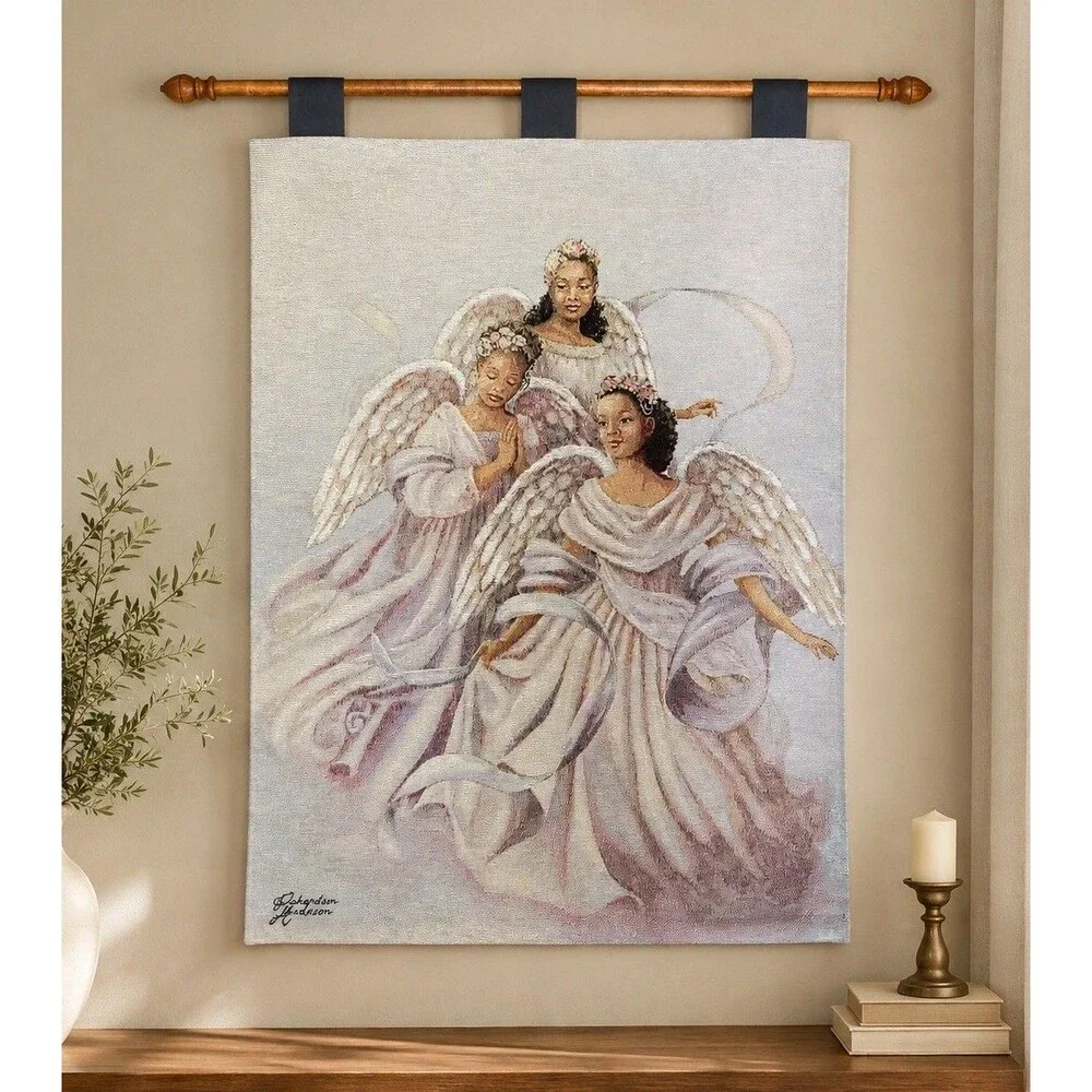 Angelic Trio Black Angels Woven Tapestry Wall Hanging Richardson Anderson w/ Rod